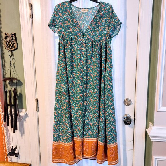 NATURAL LIFE Dresses & Skirts - Natural Life Avery Midi Dress in Teal and Orange Boho Floral Pockets Cottagecore